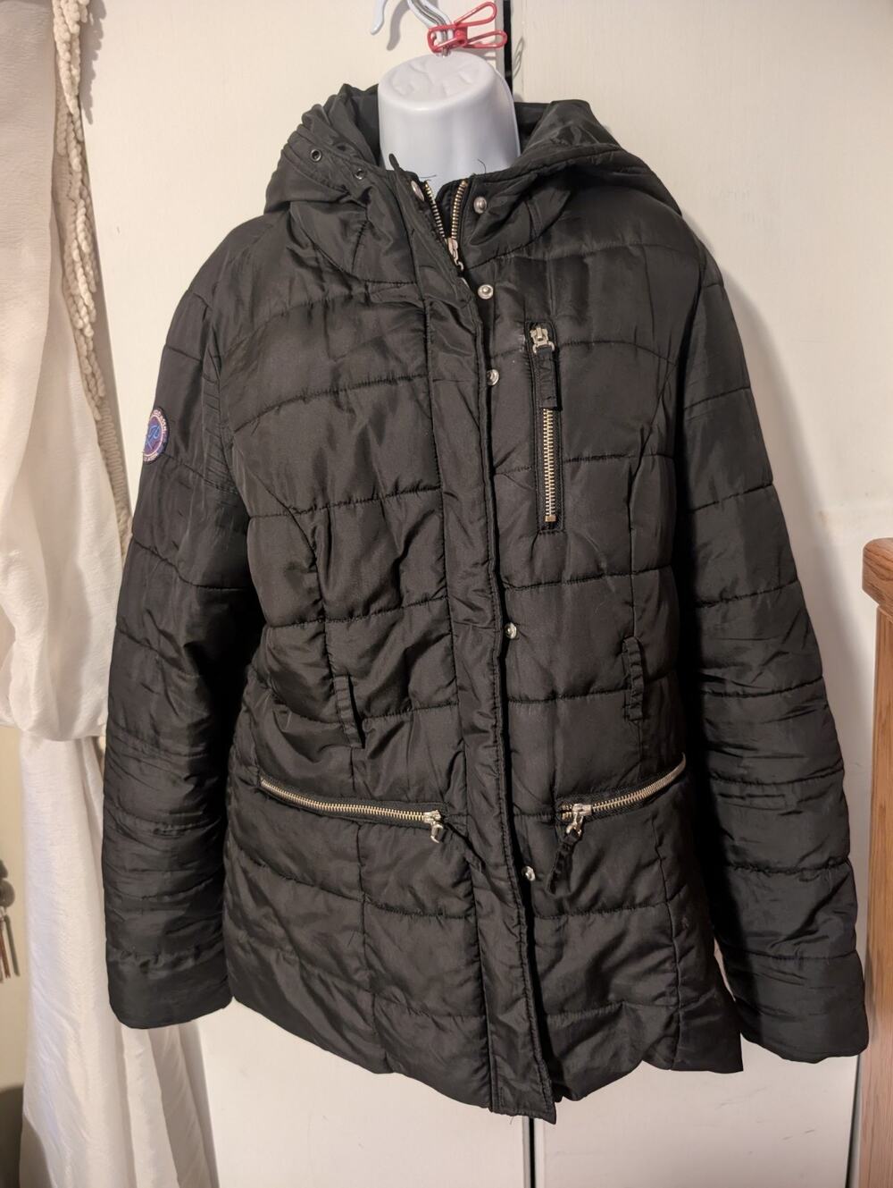 US Polo Assn Women’s Size Large Puffer Coat Jacket Black Hooded Zip Up